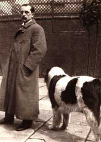 picture of author J.M. Barrie with his landseer newfoundland dog Luath