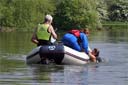 picture of brown newfoundland dog swimming round boat whilst boat steward and owner assist person in water